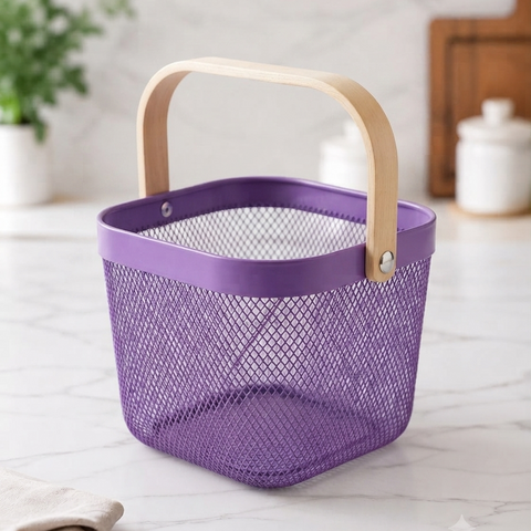 Premium Multipurpose Metal Mesh Storage Basket with Wooden Handle | Fruit Basket, Bathroom Organizer, Kitchen Counter Basket, Vegetable & Utility Storage- Purple