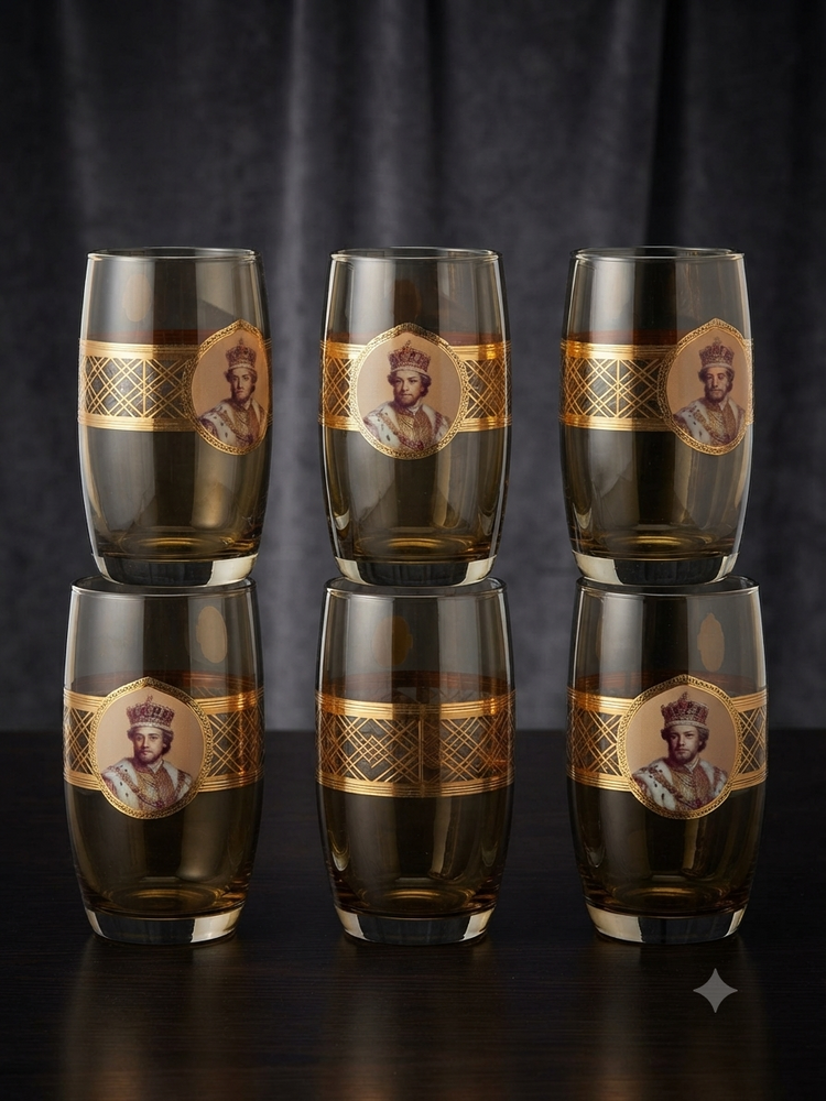 Royal Gold-Trimmed Amber Glass Set (280ml, 6-Piece)