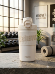 480ml Insulated Stainless Steel Gym Shaker Bottle | 304 Grade Double Wall Vacuum Protein Shaker | Leakproof BPA-Free Sports Water Bottle with Easy Carry Handle & Push Button Lid | Hot & Cold Flask-White