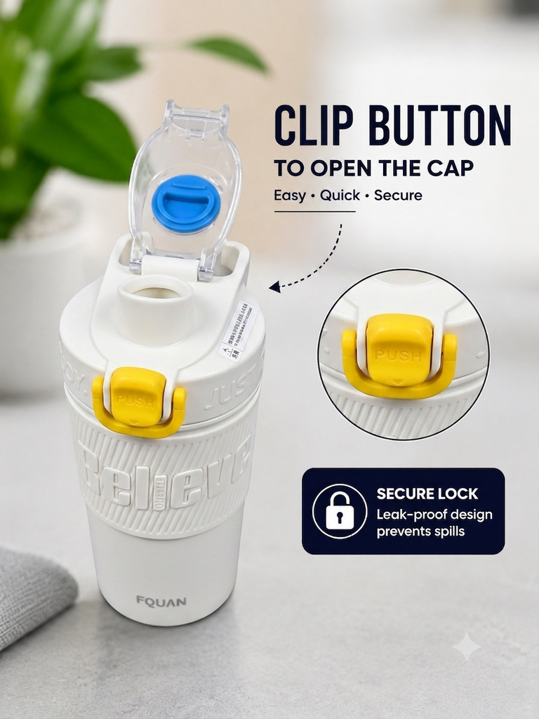 480ml Insulated Stainless Steel Gym Shaker Bottle | 304 Grade Double Wall Vacuum Protein Shaker | Leakproof BPA-Free Sports Water Bottle with Easy Carry Handle & Push Button Lid | Hot & Cold Flask-White