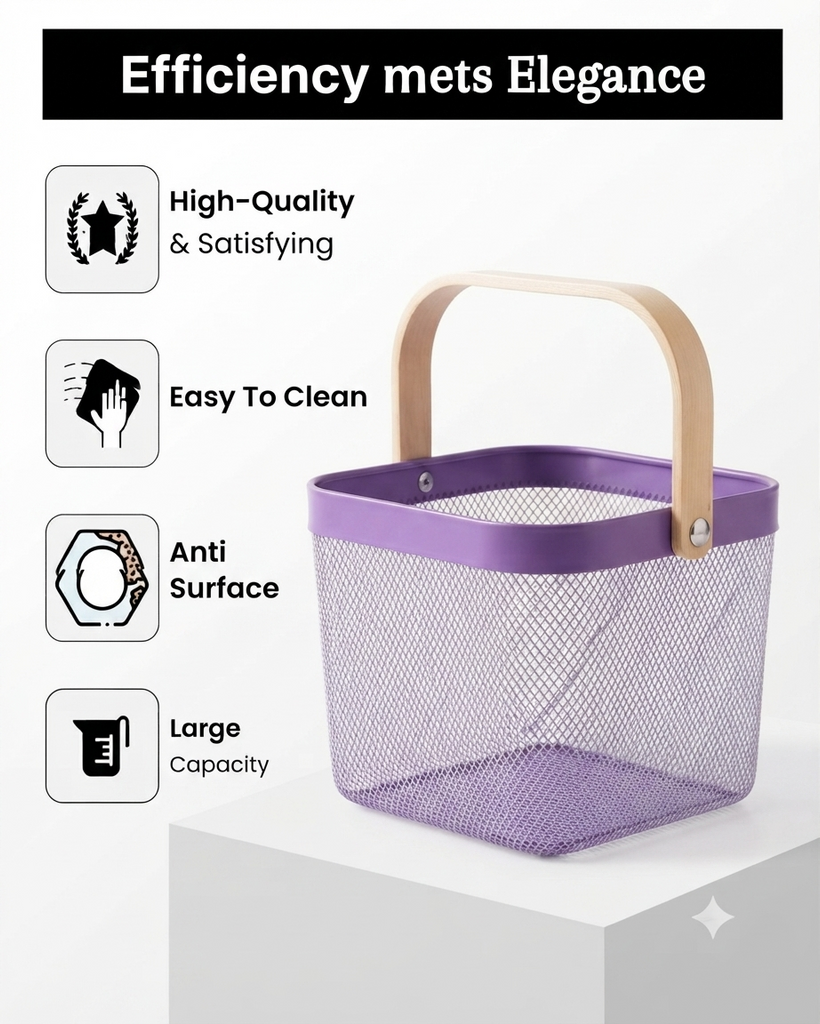 Premium Multipurpose Metal Mesh Storage Basket with Wooden Handle | Fruit Basket, Bathroom Organizer, Kitchen Counter Basket, Vegetable & Utility Storage- Purple