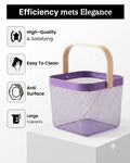 Premium Multipurpose Metal Mesh Storage Basket with Wooden Handle | Fruit Basket, Bathroom Organizer, Kitchen Counter Basket, Vegetable & Utility Storage- Purple