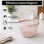 Premium Multipurpose Metal Mesh Storage Basket with Wooden Handle | Fruit Basket, Bathroom Organizer, Kitchen Counter Basket, Vegetable & Utility Storage- Pink