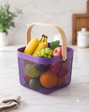 Premium Multipurpose Metal Mesh Storage Basket with Wooden Handle | Fruit Basket, Bathroom Organizer, Kitchen Counter Basket, Vegetable & Utility Storage- Purple