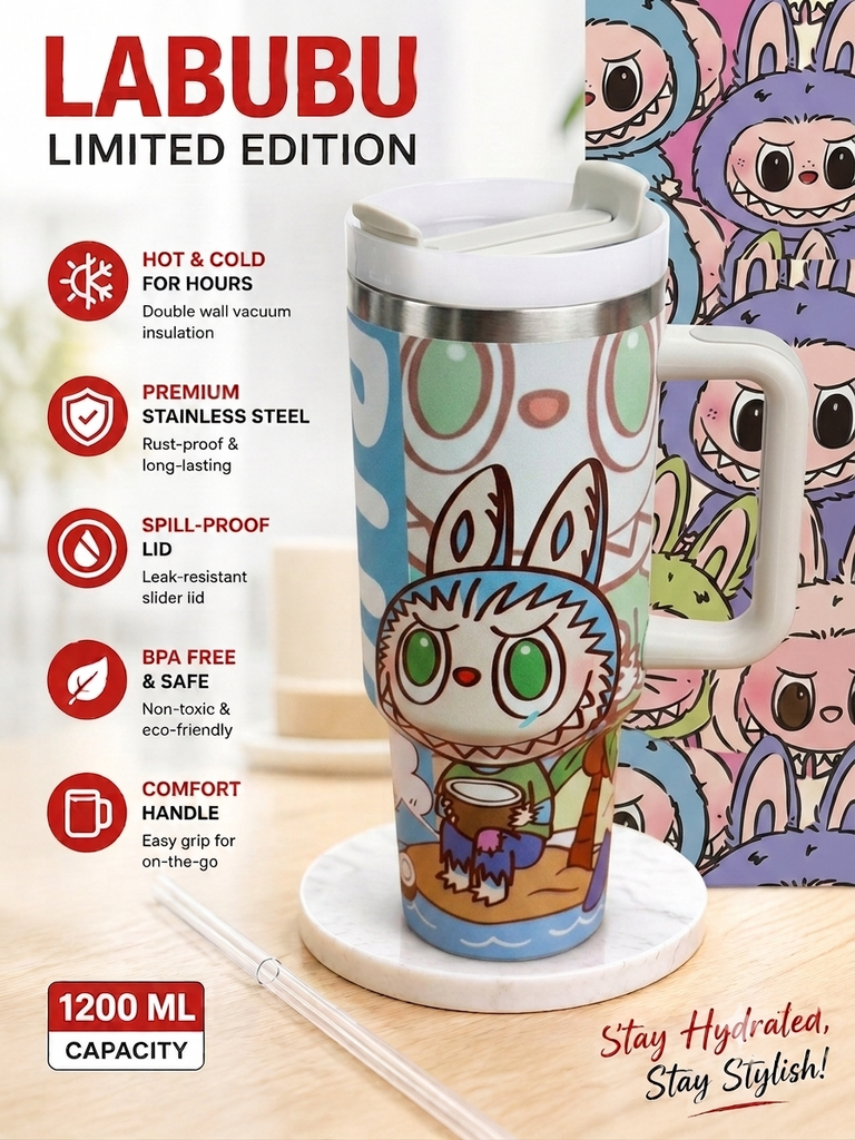 1200ml Labubu Limited Edition Stainless Steel Insulated Tumbler with Handle, Lid & Reusable Straw | Double Wall Vacuum Travel Mug | Hot & Cold Coffee Cup | BPA Free