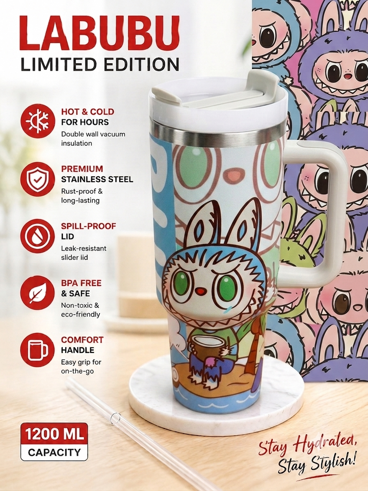 1200ml Labubu Limited Edition Stainless Steel Insulated Tumbler with Handle, Lid & Reusable Straw | Double Wall Vacuum Travel Mug | Hot & Cold Coffee Cup | BPA Free