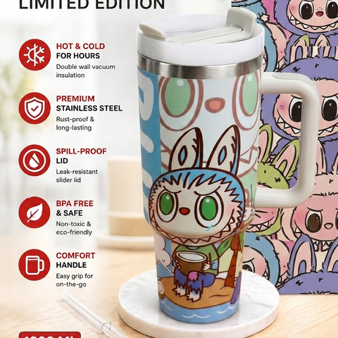 1200ml Labubu Limited Edition Stainless Steel Insulated Tumbler with Handle, Lid & Reusable Straw | Double Wall Vacuum Travel Mug | Hot & Cold Coffee Cup | BPA Free