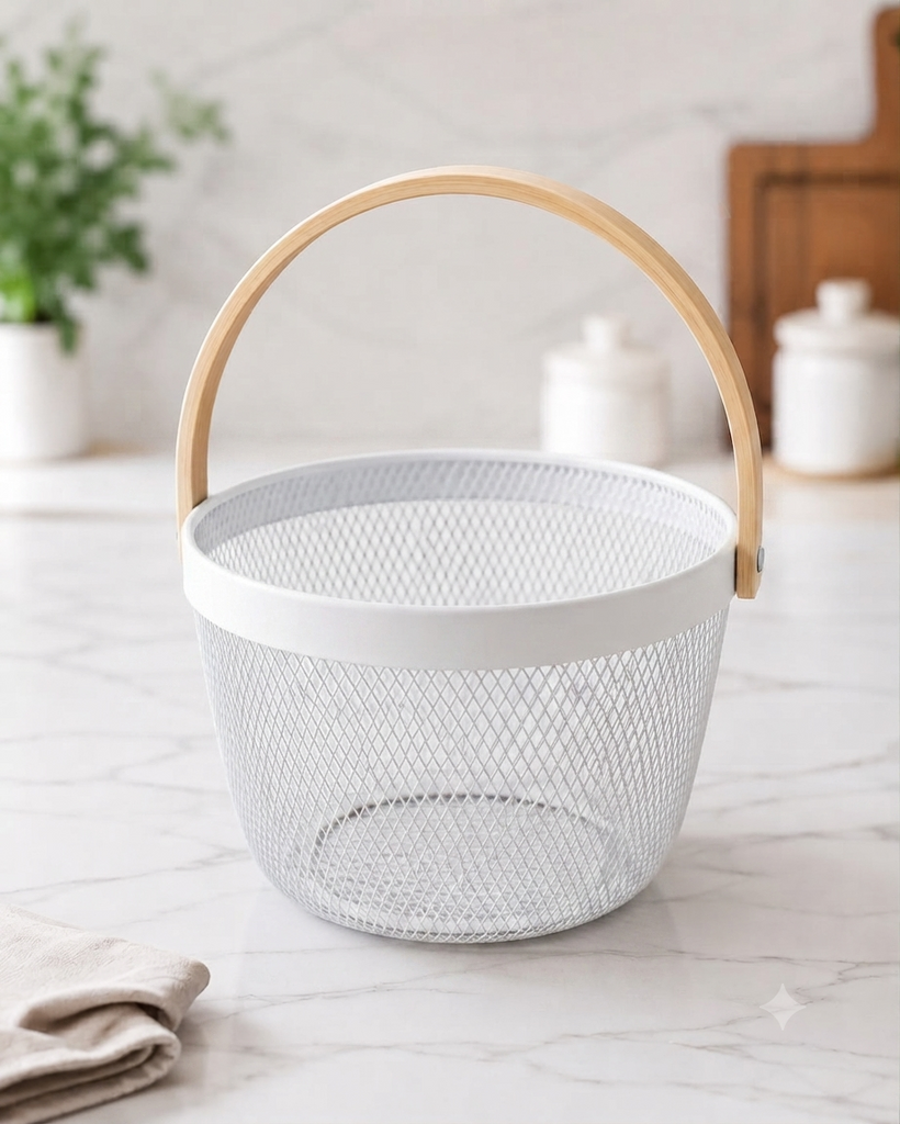 Premium Multipurpose Metal Mesh Storage Basket with Wooden Handle | Fruit Basket, Bathroom Organizer, Kitchen Counter Basket, Vegetable & Utility Storage- White