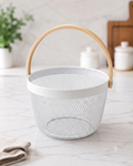 Premium Multipurpose Metal Mesh Storage Basket with Wooden Handle | Fruit Basket, Bathroom Organizer, Kitchen Counter Basket, Vegetable & Utility Storage- White