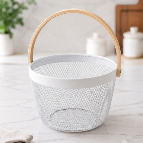 Premium Multipurpose Metal Mesh Storage Basket with Wooden Handle | Fruit Basket, Bathroom Organizer, Kitchen Counter Basket, Vegetable & Utility Storage- White
