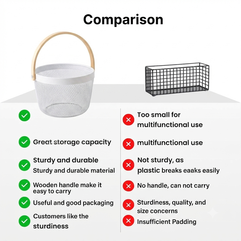 Premium Multipurpose Metal Mesh Storage Basket with Wooden Handle | Fruit Basket, Bathroom Organizer, Kitchen Counter Basket, Vegetable & Utility Storage- White