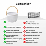 Premium Multipurpose Metal Mesh Storage Basket with Wooden Handle | Fruit Basket, Bathroom Organizer, Kitchen Counter Basket, Vegetable & Utility Storage- White