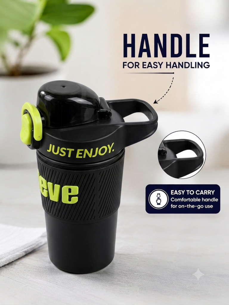 480ml Insulated Stainless Steel Gym Shaker Bottle | 304 Grade Double Wall Vacuum Protein Shaker | Leakproof BPA-Free Sports Water Bottle with Easy Carry Handle & Push Button Lid | Hot & Cold Flask-Black