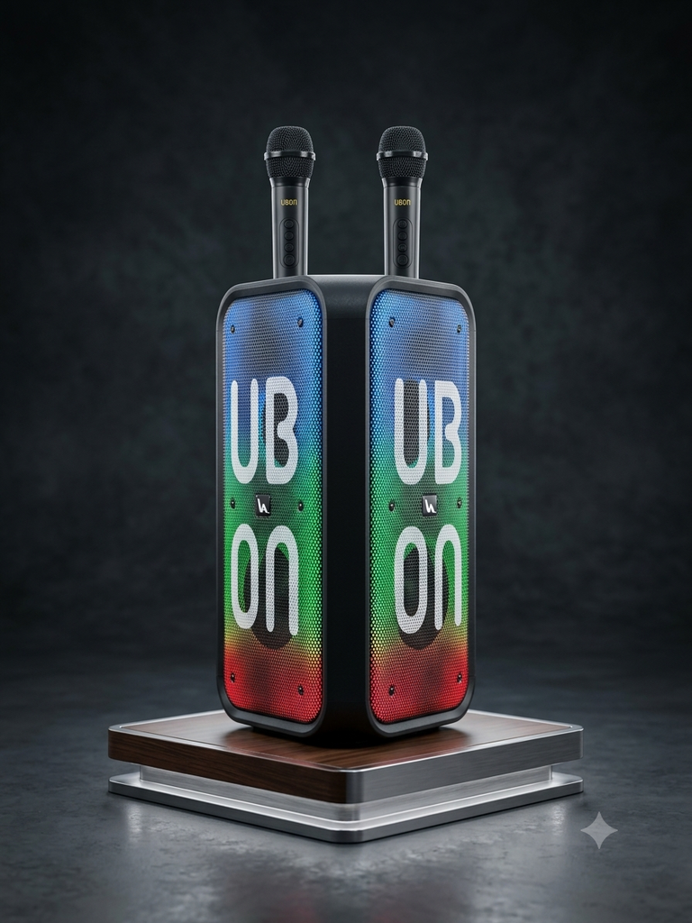 UBON Black SP-230 80W Party Monster Bluetooth Speaker with Adjustable Tripod Stand & 2 Wireless Karaoke Microphones | 4 High Bass Speakers | RGB Lights | 7200mAh Battery | Bluetooth v5.4
