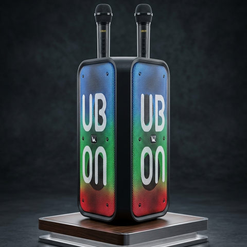 UBON Black SP-230 80W Party Monster Bluetooth Speaker with Adjustable Tripod Stand & 2 Wireless Karaoke Microphones | 4 High Bass Speakers | RGB Lights | 7200mAh Battery | Bluetooth v5.4
