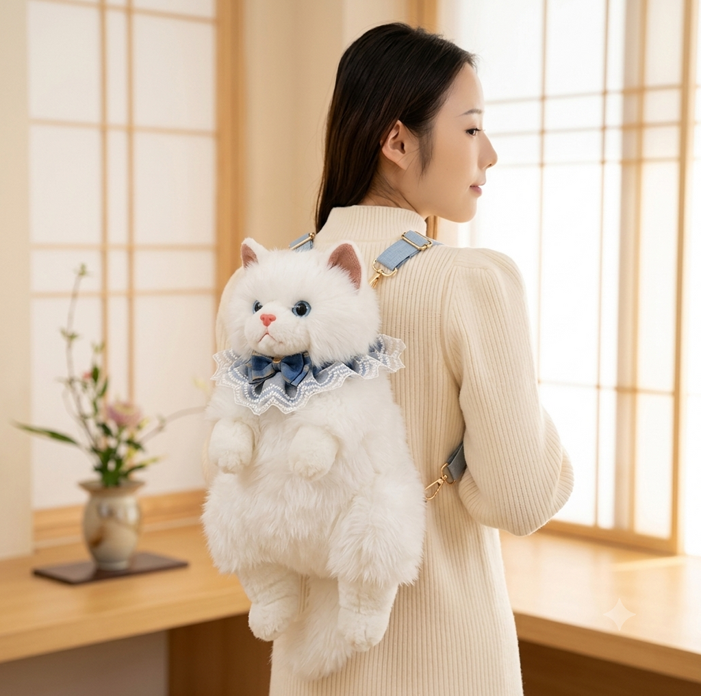 Realistic White Plush Ragdoll Cat Backpack | Soft Faux Fur Stuffed Cat Shoulder Bag with Lace Bow | Cute School, Travel, Cosplay & Birthday Gift