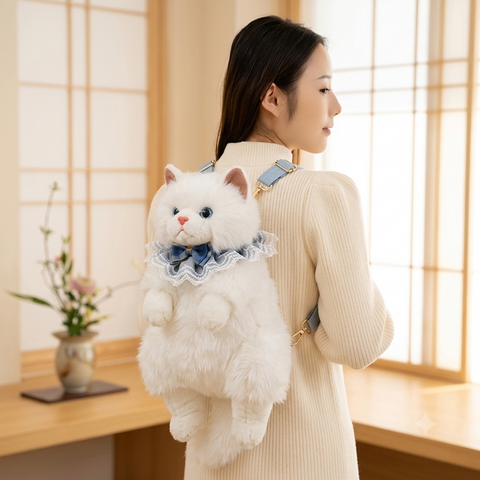 Realistic White Plush Ragdoll Cat Backpack | Soft Faux Fur Stuffed Cat Shoulder Bag with Lace Bow | Cute School, Travel, Cosplay & Birthday Gift