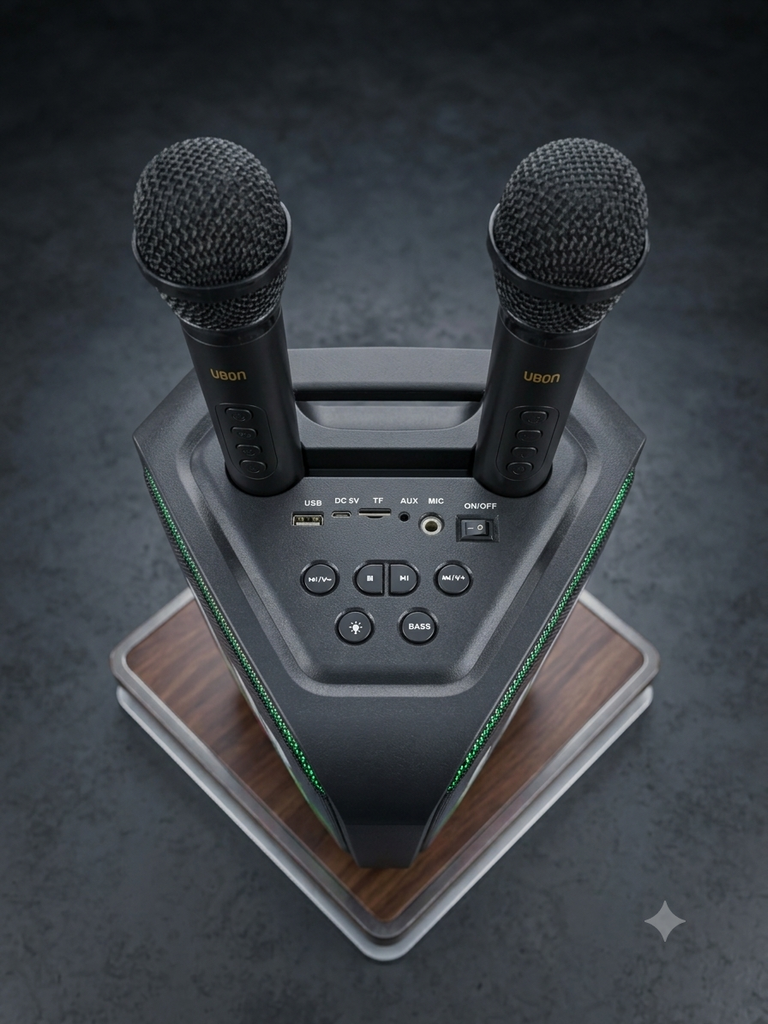 UBON Black SP-230 80W Party Monster Bluetooth Speaker with Adjustable Tripod Stand & 2 Wireless Karaoke Microphones | 4 High Bass Speakers | RGB Lights | 7200mAh Battery | Bluetooth v5.4