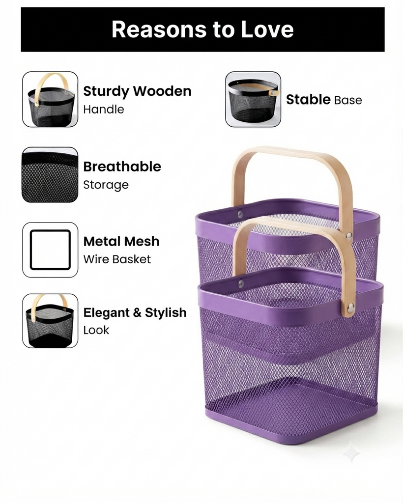 Premium Multipurpose Metal Mesh Storage Basket with Wooden Handle | Fruit Basket, Bathroom Organizer, Kitchen Counter Basket, Vegetable & Utility Storage- Purple