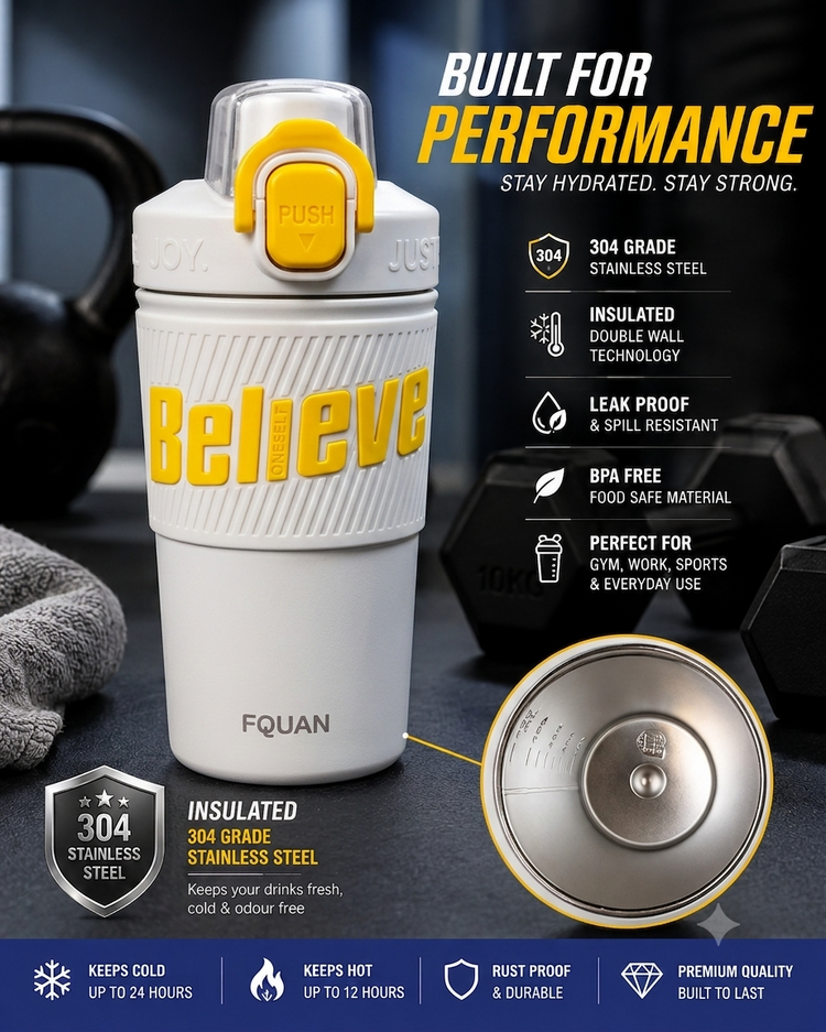 480ml Insulated Stainless Steel Gym Shaker Bottle | 304 Grade Double Wall Vacuum Protein Shaker | Leakproof BPA-Free Sports Water Bottle with Easy Carry Handle & Push Button Lid | Hot & Cold Flask-White