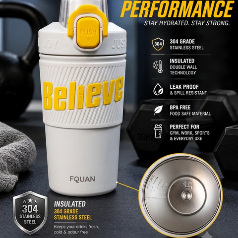 480ml Insulated Stainless Steel Gym Shaker Bottle | 304 Grade Double Wall Vacuum Protein Shaker | Leakproof BPA-Free Sports Water Bottle with Easy Carry Handle & Push Button Lid | Hot & Cold Flask-White