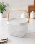 Premium Multipurpose Metal Mesh Storage Basket with Wooden Handle | Fruit Basket, Bathroom Organizer, Kitchen Counter Basket, Vegetable & Utility Storage- White