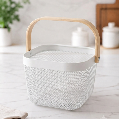 Premium Multipurpose Metal Mesh Storage Basket with Wooden Handle | Fruit Basket, Bathroom Organizer, Kitchen Counter Basket, Vegetable & Utility Storage- White
