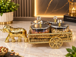 Luxury 4-Piece Dry Fruit Box Set with Golden Elephant Cart Stand &amp; Crystal Knob Lids | Premium Decorative Dry Fruit Serving Set for Gifting &amp; Home Décor