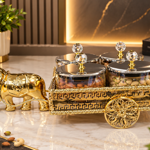 Luxury 4-Piece Dry Fruit Box Set with Golden Elephant Cart Stand & Crystal Knob Lids | Premium Decorative Dry Fruit Serving Set for Gifting & Home Décor