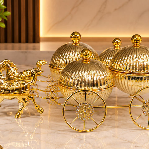 Luxury Golden Horse Carriage Dry Fruit Box Set | 4-Piece Decorative Dry Fruit Storage Containers with Royal Carriage Stand | Premium Gift & Home Décor