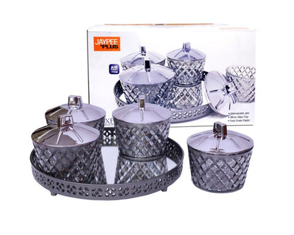 Jaypee Plus Luxe 4 Jar Dry Fruit & Snacks Storage Container Set of 4 Pcs | BPA Free & Airtight Silicone Seal Lid with Mirror Glass Tray | Durable & Break Resistant 500 ml, Light Grey