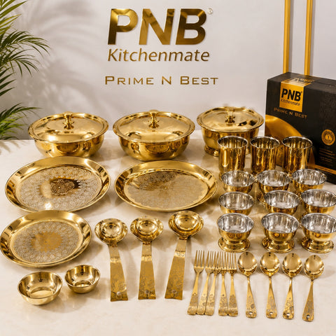 PNB Kitchenmate ZODIAC 72 Pcs Stainless Steel Dinner Set | Heavy Quality Double Wall PVD Gold Coated Dinner Set | Premium Full & Half Plates, Bowls, Glasses, Spoons & Forks | Lifetime Guarantee