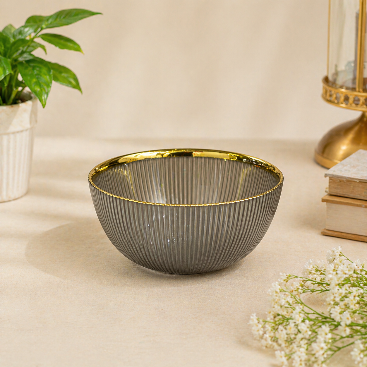 Premium 4 Inch Glass Bowl with Gold Rim | Designer Ribbed Katori for Serving Snacks, Desserts & Dry Fruits