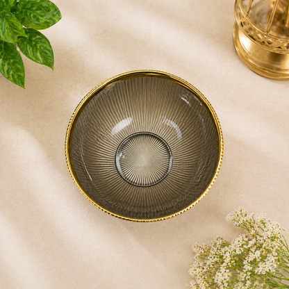 Premium 4 Inch Glass Bowl with Gold Rim | Designer Ribbed Katori for Serving Snacks, Desserts & Dry Fruits