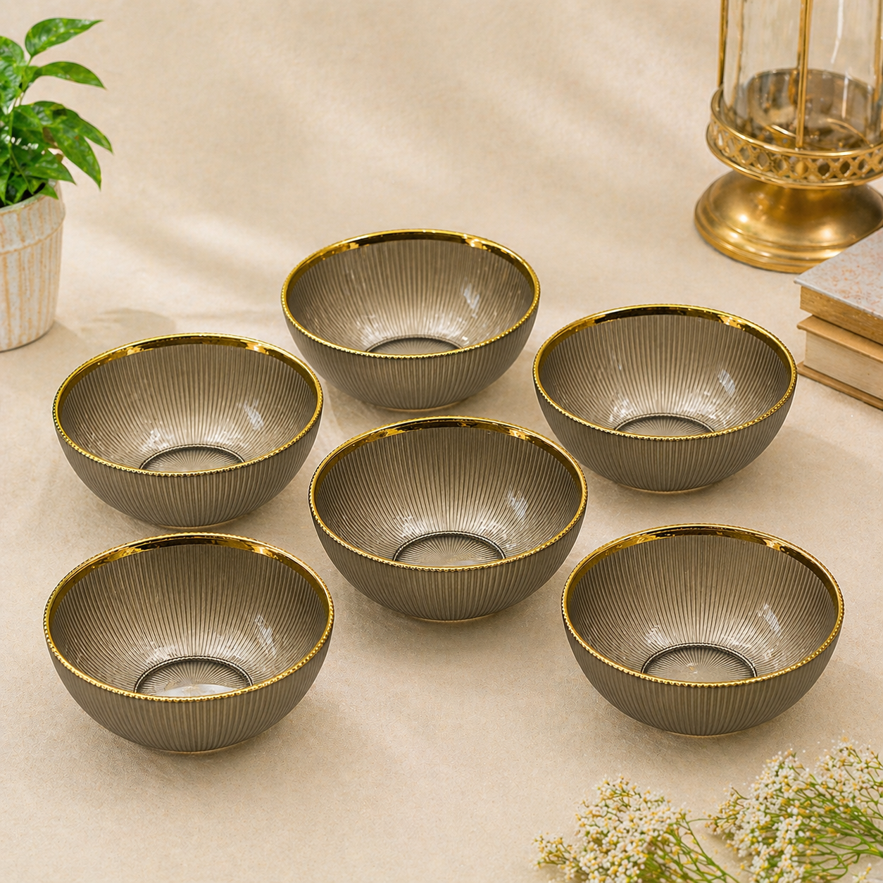 Premium 4 Inch Glass Bowl with Gold Rim | Designer Ribbed Katori for Serving Snacks, Desserts & Dry Fruits