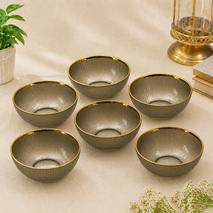 Premium 4 Inch Glass Bowl with Gold Rim | Designer Ribbed Katori for Serving Snacks, Desserts & Dry Fruits