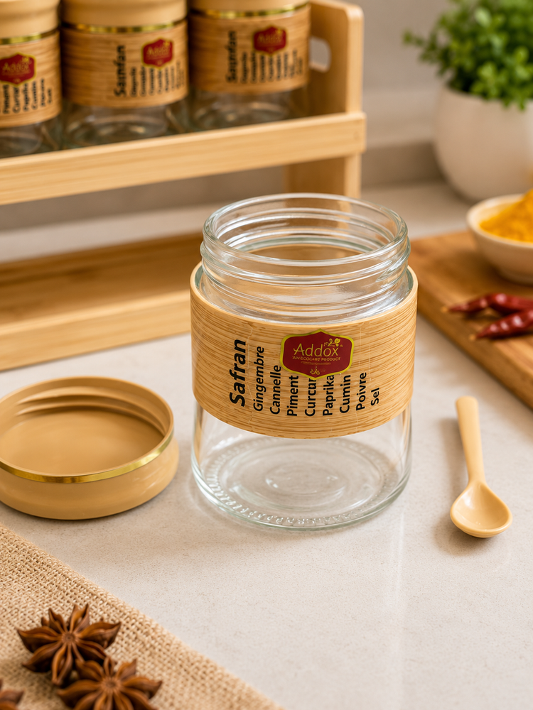 Addox 6-Piece Wooden Spice Jar Set with Bamboo Rack & Spoons | Glass Masala Storage Containers for Kitchen | Spice Organizer & Condiment Holder