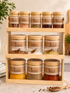 Addox 11-Piece Bamboo Spice Rack Set with Glass Spice Jars | Wooden Masala Organizer with Airtight Lids & Spoons | Kitchen Countertop Spice Storage