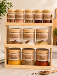 Addox 11-Piece Bamboo Spice Rack Set with Glass Spice Jars | Wooden Masala Organizer with Airtight Lids & Spoons | Kitchen Countertop Spice Storage