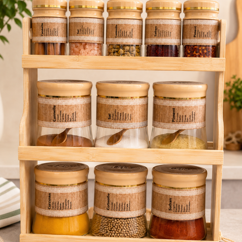 Addox 11-Piece Bamboo Spice Rack Set with Glass Spice Jars | Wooden Masala Organizer with Airtight Lids & Spoons | Kitchen Countertop Spice Storage