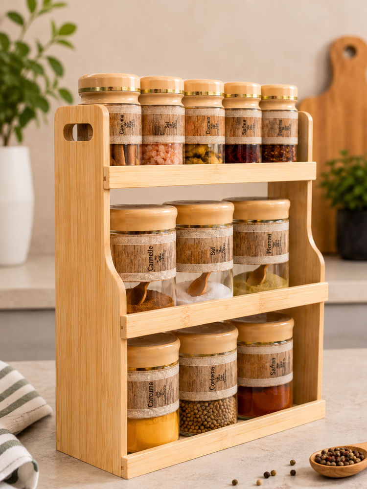Addox 11-Piece Bamboo Spice Rack Set with Glass Spice Jars | Wooden Masala Organizer with Airtight Lids & Spoons | Kitchen Countertop Spice Storage