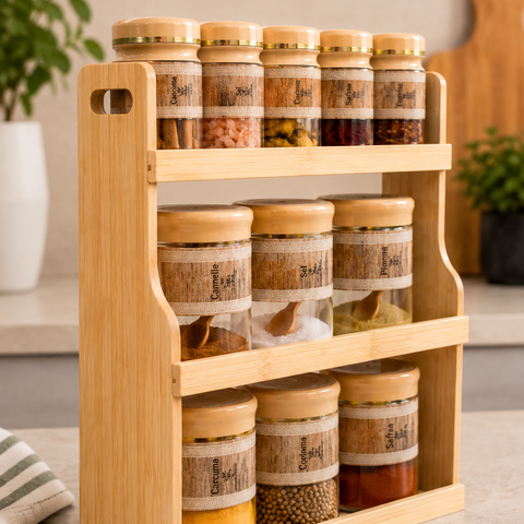Addox 11-Piece Bamboo Spice Rack Set with Glass Spice Jars | Wooden Masala Organizer with Airtight Lids & Spoons | Kitchen Countertop Spice Storage