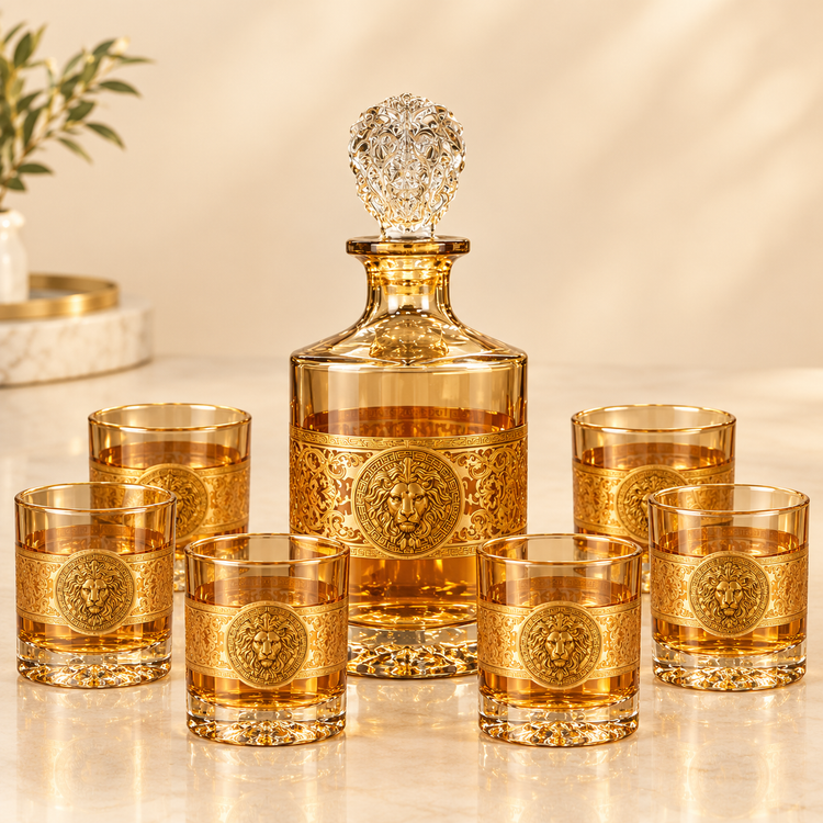 Luxury Gold Lion Design Crystal Decanter with 6 Whiskey Glasses | Premium 7-Piece Bar Set for Home & Gifting