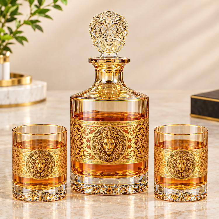 Luxury Gold Lion Design Crystal Decanter with 6 Whiskey Glasses | Premium 7-Piece Bar Set for Home & Gifting
