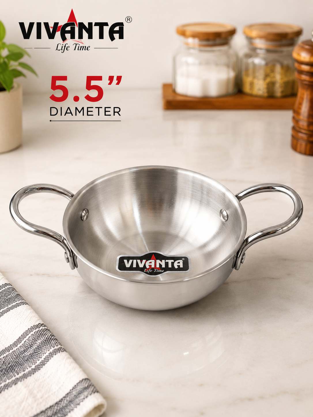 Vivanta Triply Stainless Steel Mini Kadhai 5.5 Inch Diameter with Dual Handles | Heavy Gauge Serving & Cooking Kadhai for Curry, Dal, Sabzi & Snacks