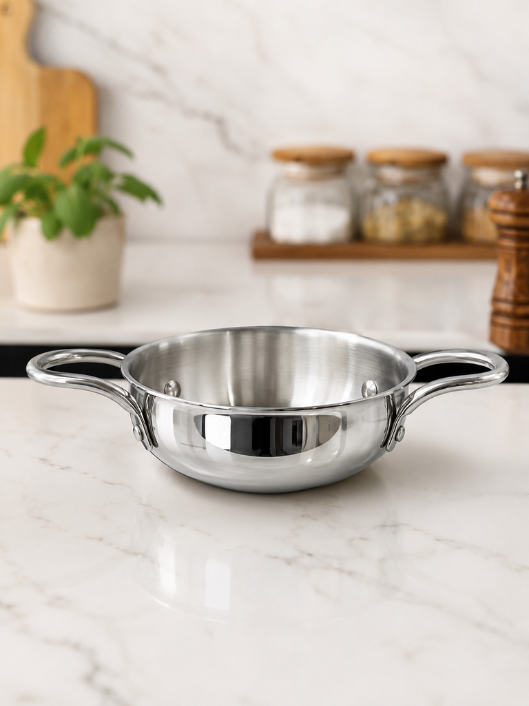 Vivanta Triply Stainless Steel Mini Kadhai 5.5 Inch Diameter with Dual Handles | Heavy Gauge Serving & Cooking Kadhai for Curry, Dal, Sabzi & Snacks