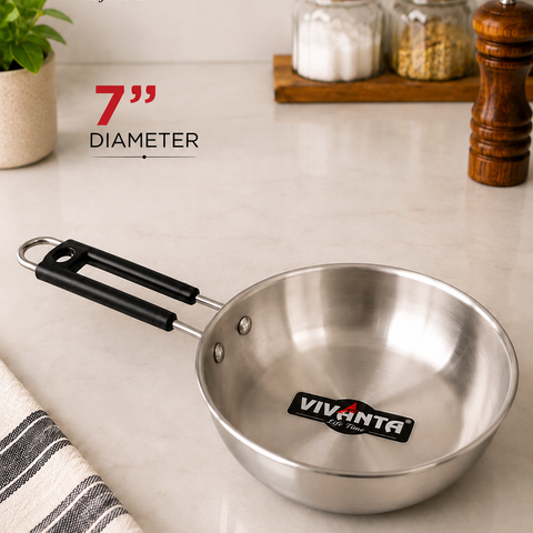 Vivanta 7 Inch Stainless Steel Fry Pan with Cool Touch Handle | Mini Fry Pan for Tadka, Frying & Serving | Heavy Gauge Kitchen Cookware