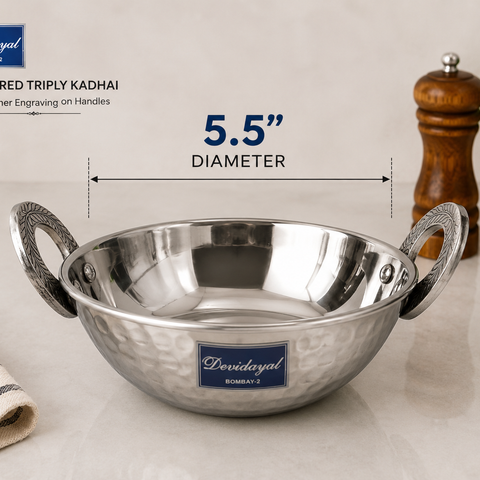 Devidayal Hammered Triply Mathar Kadhai 5.5 Inch – Stainless Steel Triply Serving Kadhai with Designer Engraved Handles