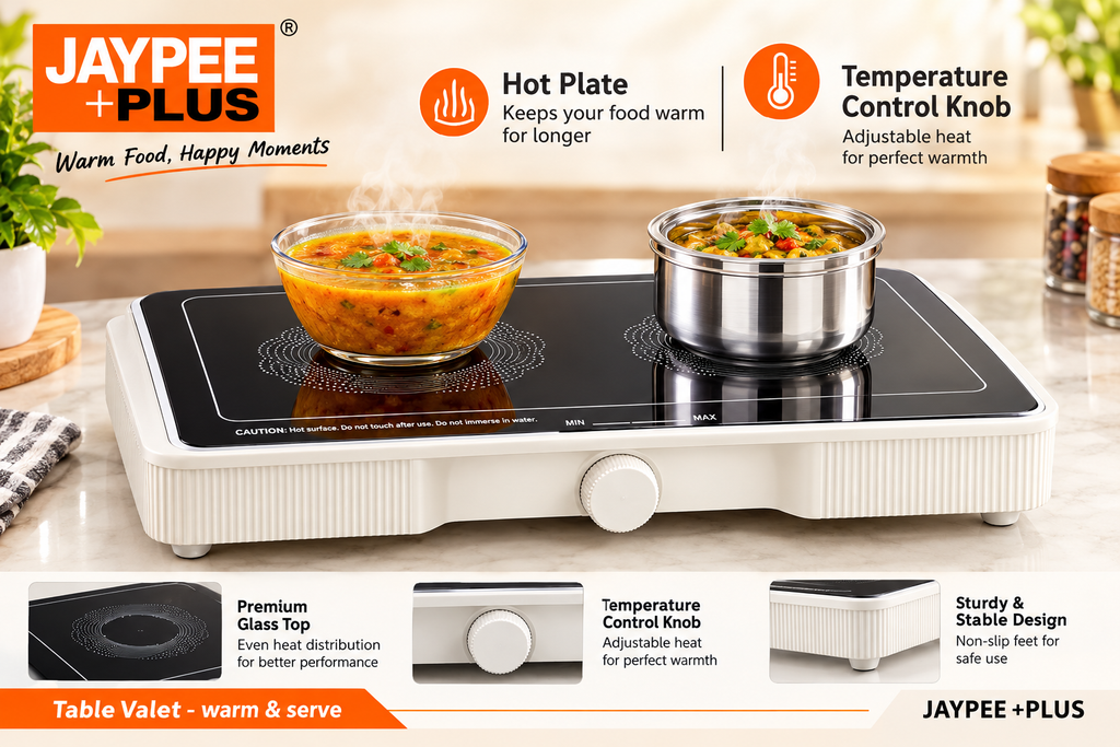 Jaypee Plus Table Valet Food Warmer & Serving Hot Plate 150W with Toughened Glass Top, Adjustable Heat Regulator & Stainless Steel Bowl Compatibility(1.8LTR each)