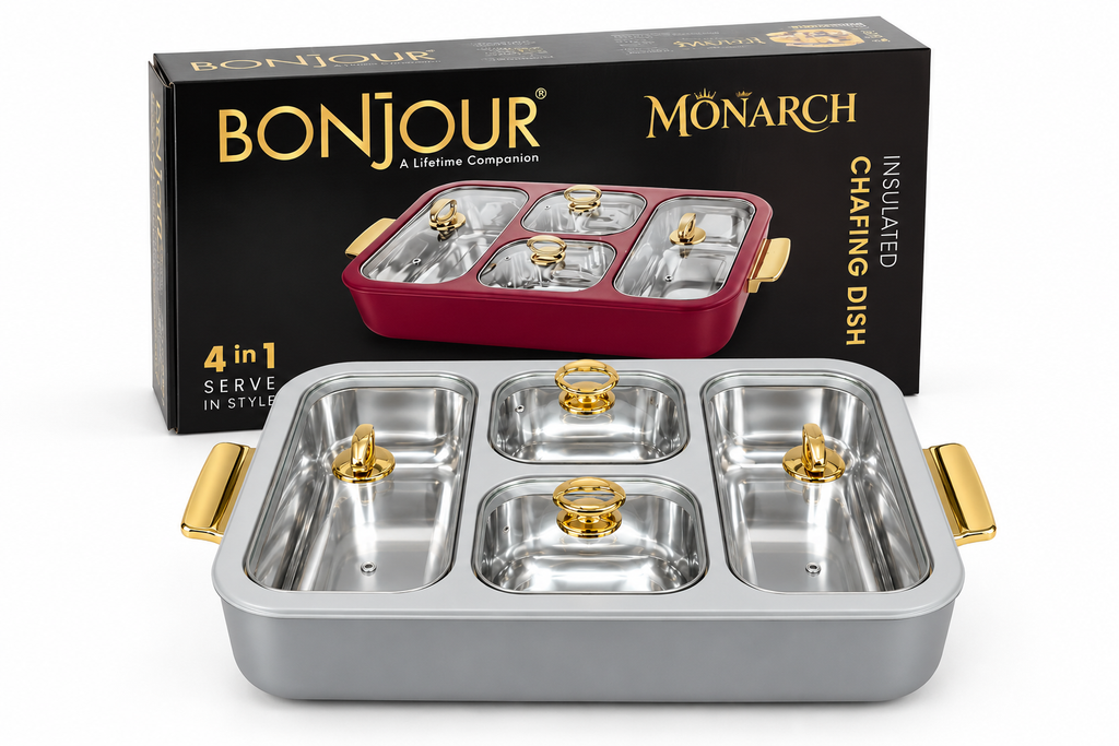 Bonjour Monarch Insulated Stainless Steel Chafing Dish with 2.5L Corner Containers & 1.5L Centre Containers, Glass Lids and Gold Finish Handles-Grey
